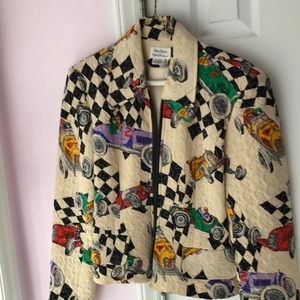 JAZZY and fun race car print quilted silk blazer